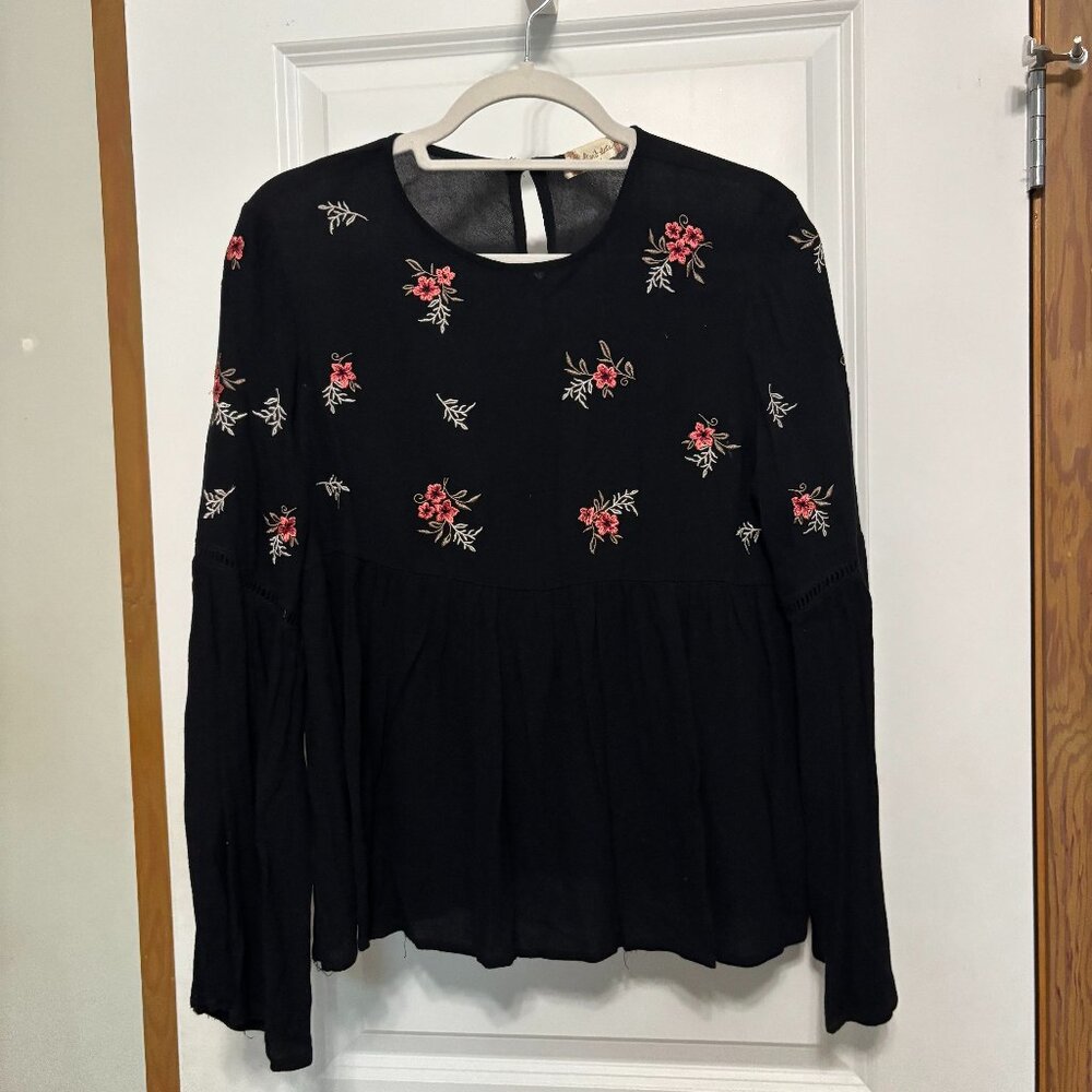 Altar'd State Black Long Sleeve Top with Embroidered Flowers